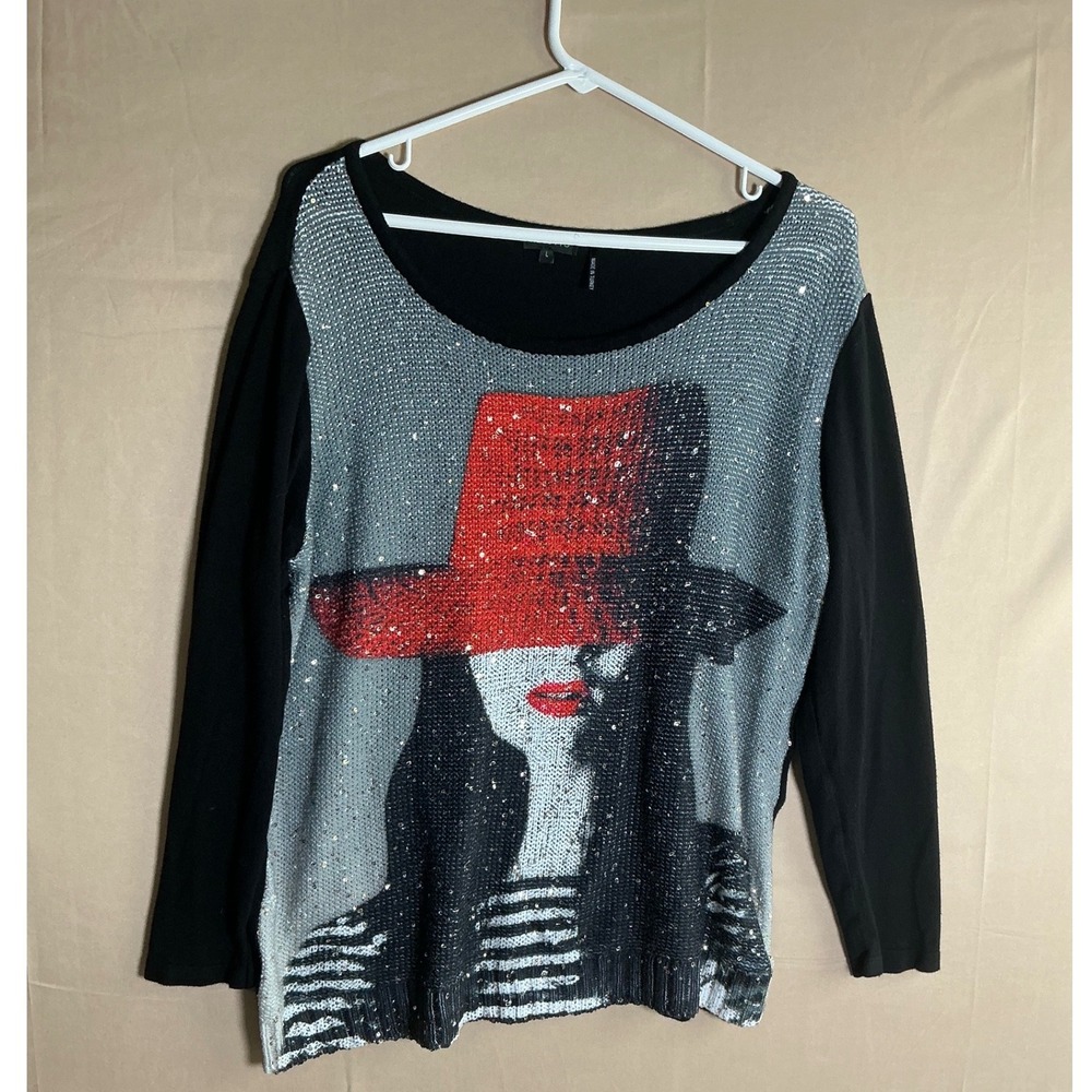 Tricotto Womens Large Black Red Hat‎ Sequin Graphic Long Sleeve Knit Top Turkey - Picture 3 of 11